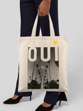 Clare V. Canvas Tote Bag in Natural with 'OUI' Graphic